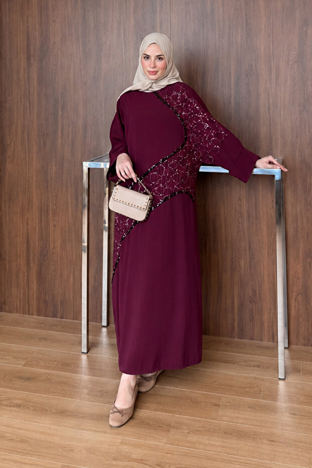 Women's Sequin Embroidered Linen Bat Sleeve Dress