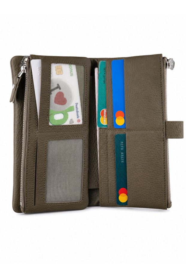 Unisex Genuine Leather Khaki Color Zippered Multi-Compartment Long Wallet