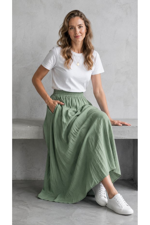 Women's Strawberry Fabric Wide-Cut Maxi Skirt with Pockets and Elastic Waist