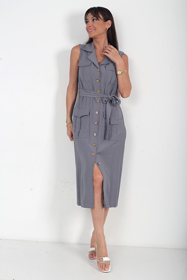 Women's Buttoned Front Midi Safari Dress with Pockets
