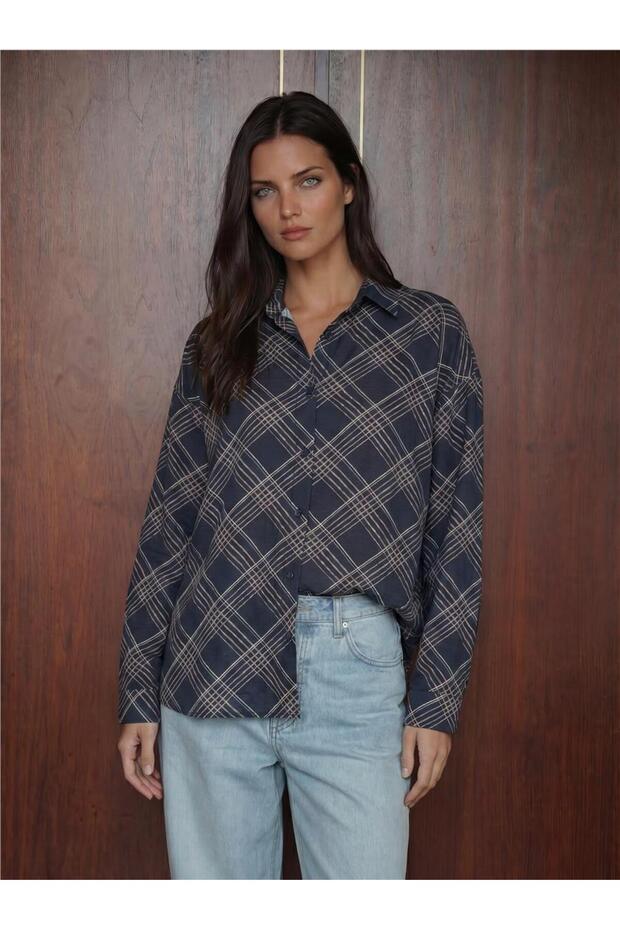 Navy Blue Viscose Nylon Blended Long Sleeve Oversize Patterned Shirt Collar Buttoned Shirt