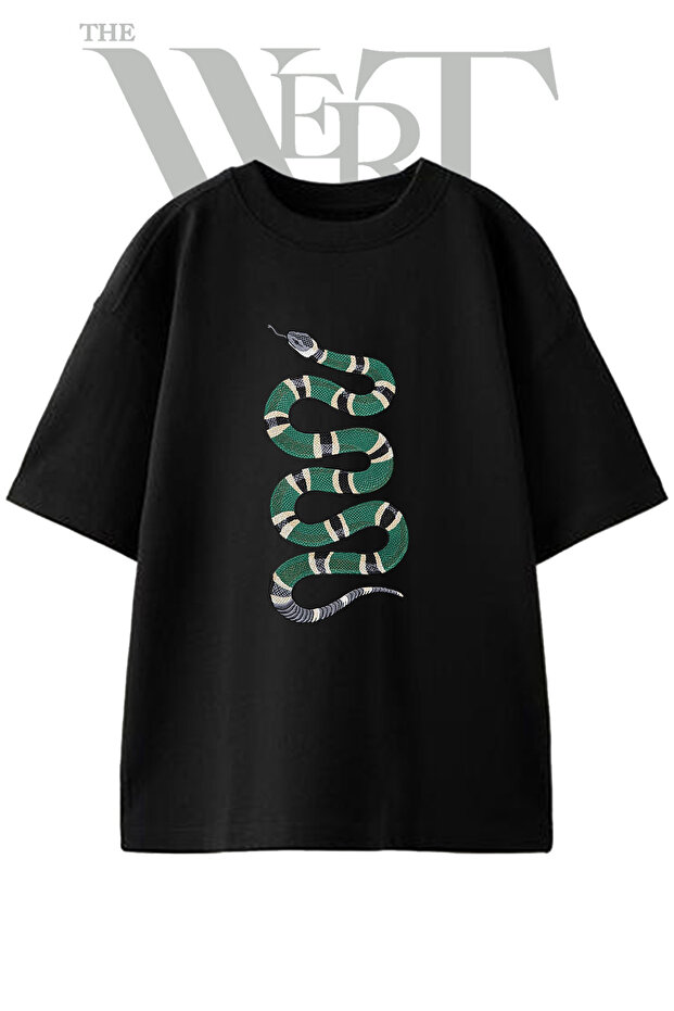 Green Banded Yilan Design Printed Unisex Black Oversize T-Shirt