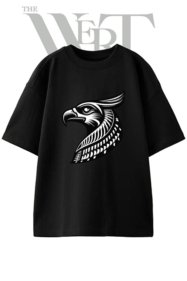 Horus Eagle Design Printed Unisex Black Oversize T-Shirt