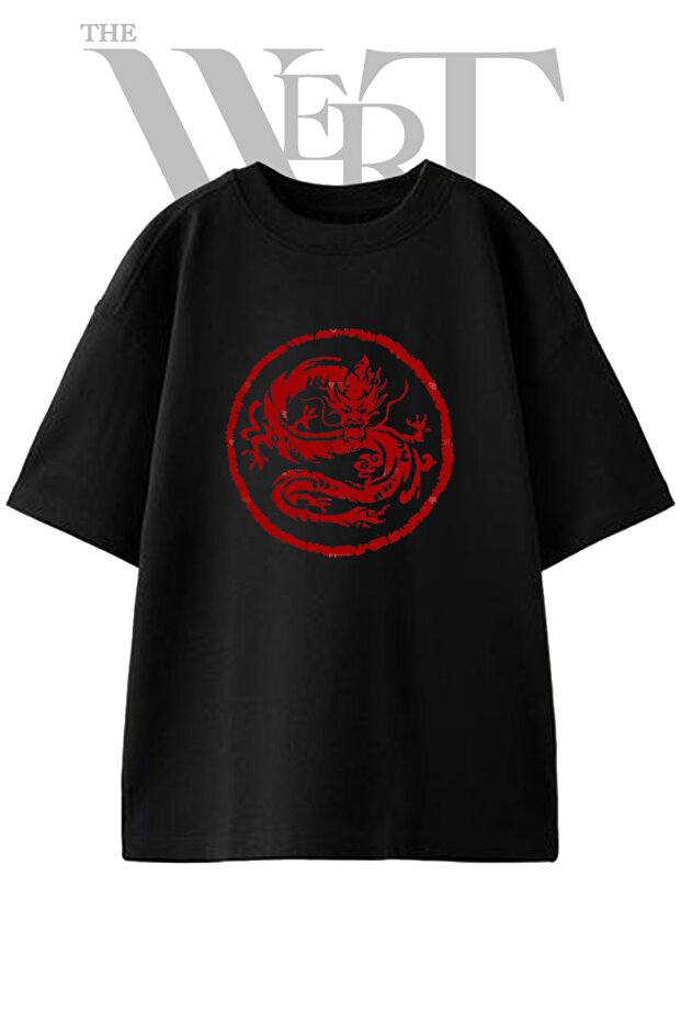 Cin Dragon Design Printed Unisex Black Oversize T-Shirt