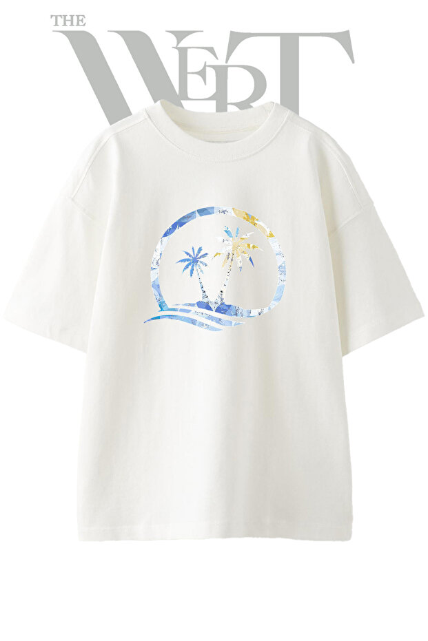 Ada Palmiye Design Printed Unisex White Oversize T-Shirt