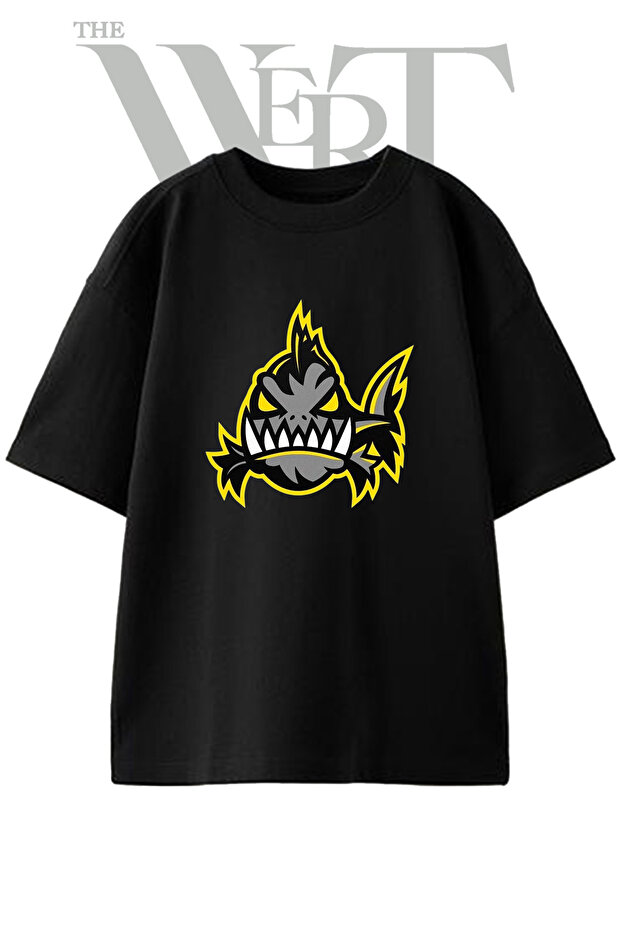 Piranha Monster Design Printed Unisex Black Oversize T-Shirt
