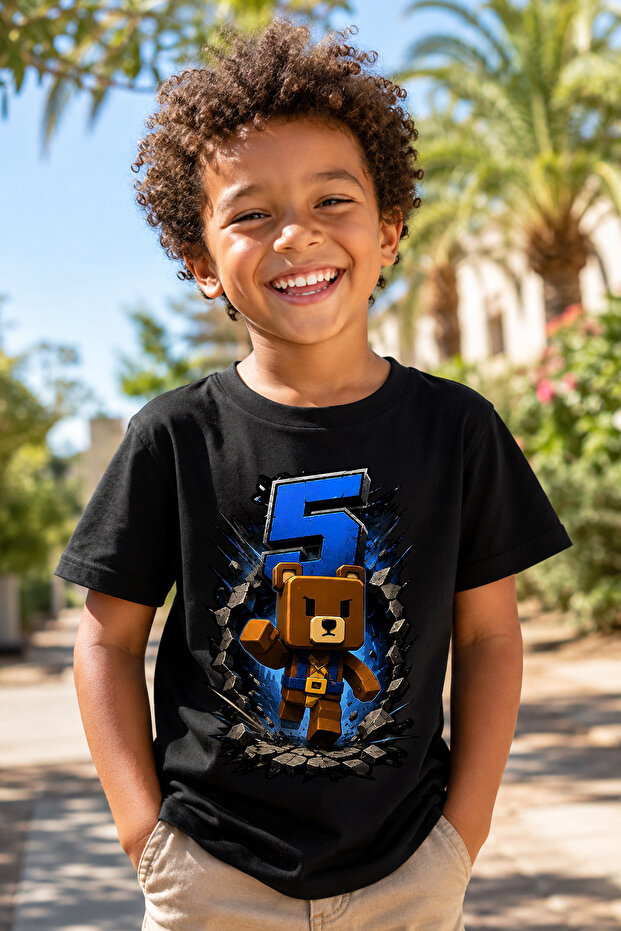 Super Bear Adventure Super Bear 3-4-5-6-7-8-9 Printed Children's Unisex Black Tshirt
