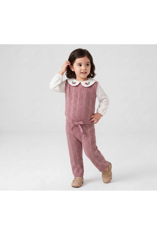 Girl's Knitwear Vest and Trousers Set with Cherry Collar Shirt, 3-Piece Set, Burgundy, 2-5 Years
