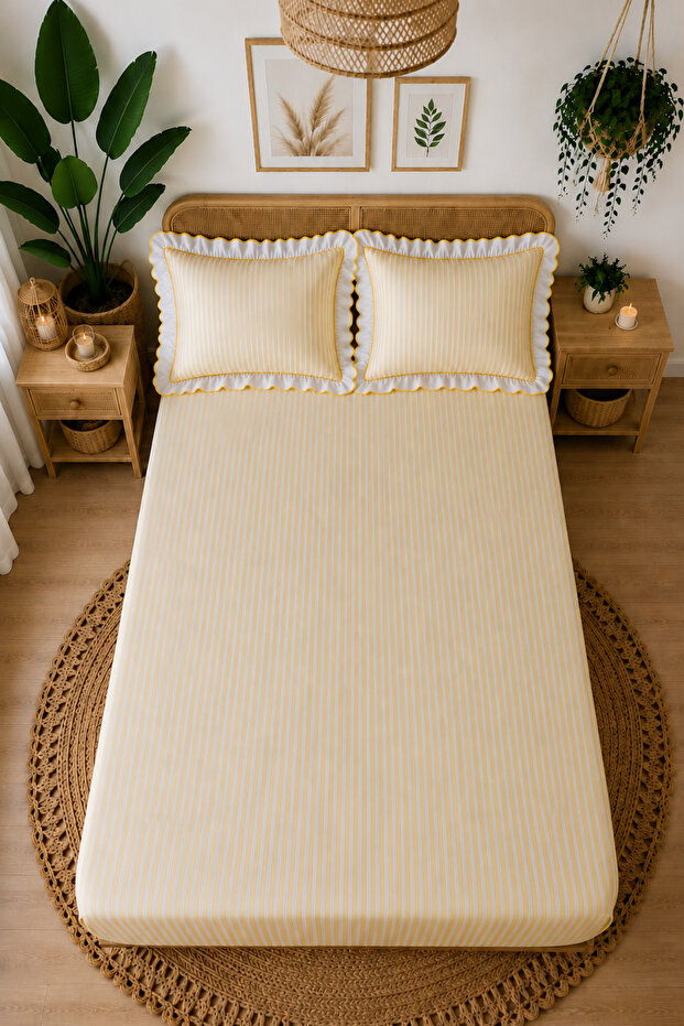 Ruffled Striped Elastic Bed Sheet Set