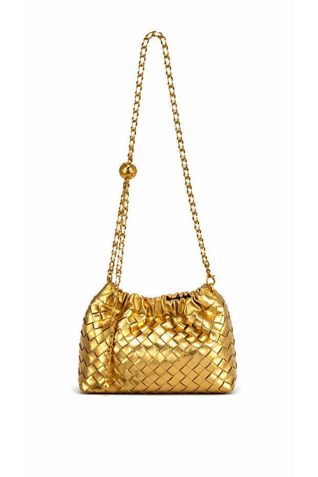 Botea Gold Knitted Patterned Premium Vegan Leather Shoulder Bag | Adjustable Chain