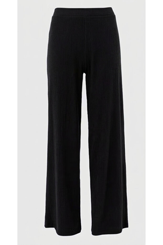 Elastic Waist Wide Leg Textured Black Trousers