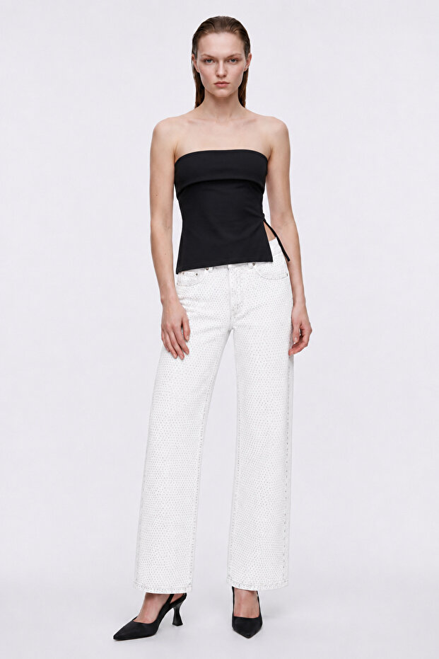 High Waist Stone Detailed Straight Jean Pants