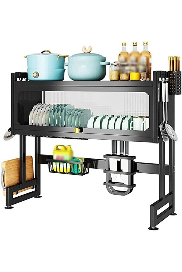 Multi-Functional Kitchen Dish Rack with Storage Cabinet, Dish Drainer Organizer, Utensil Holder, Cup Holder & Cutting Board Rack
