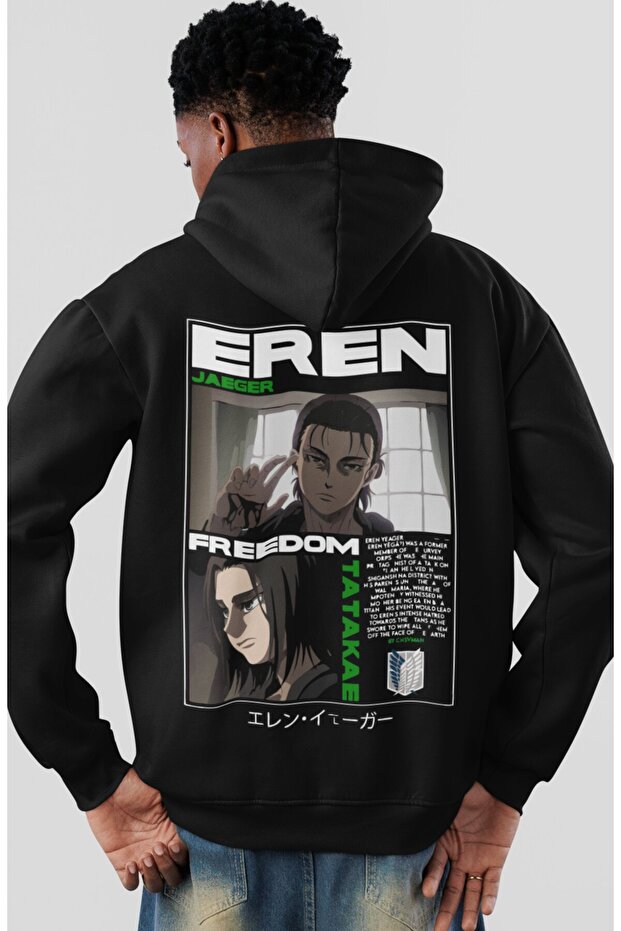 Attack on Titan Eren Yeager Tatakae Anime Back Printed Unisex Oversize Combed Cotton Hoodie