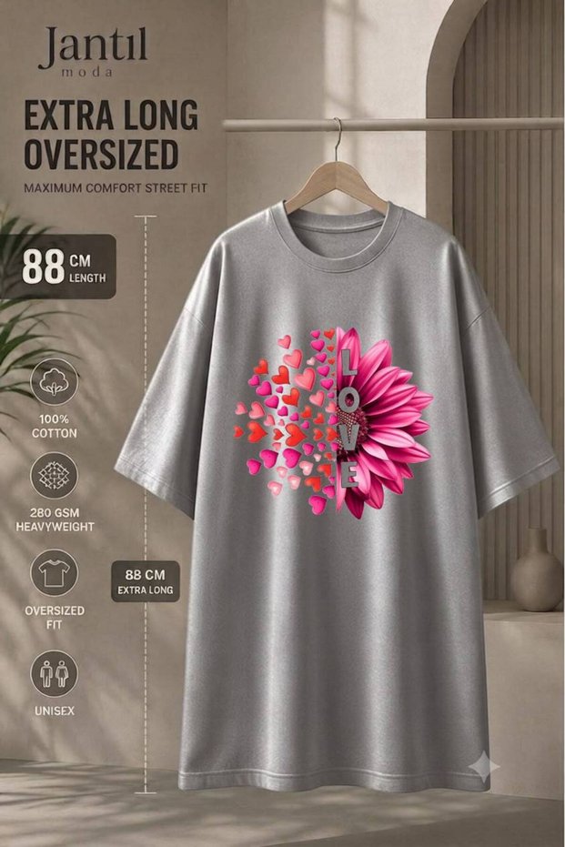 Crew Neck Extra Long Oversize Tunic T-Shirt with Floral and Love Lettering That Turns into a Heart Short Sleeve