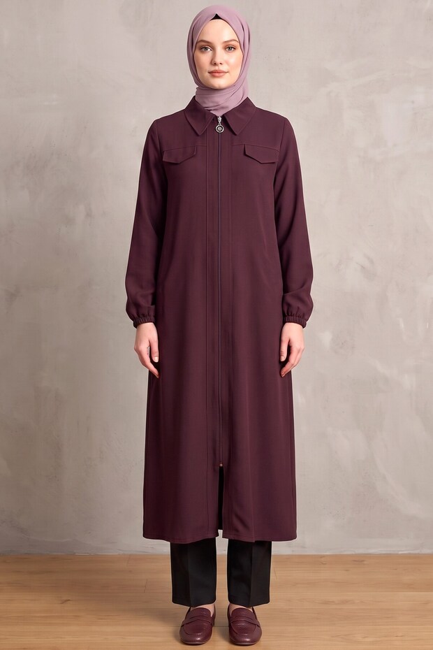 Women's Plum Large Size Zippered Hijab Cap - Seasonal Ferace with Shirt Collar Pockets