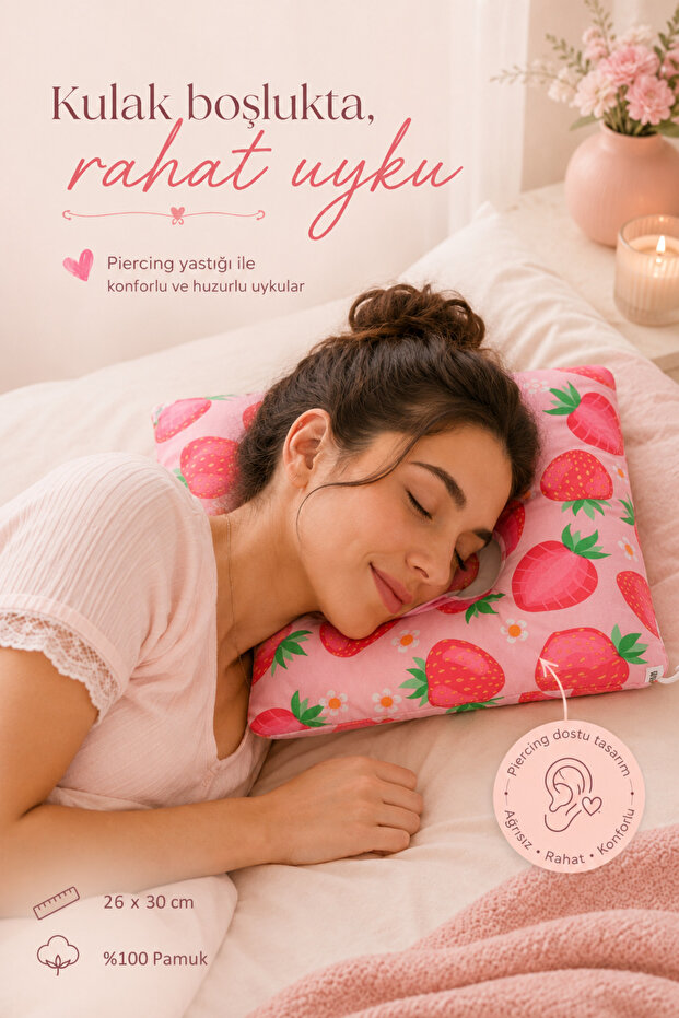 Strawberry Patterned Piercing Pillow Ear Cavity Side Sleeping Pillow with Washable Cover