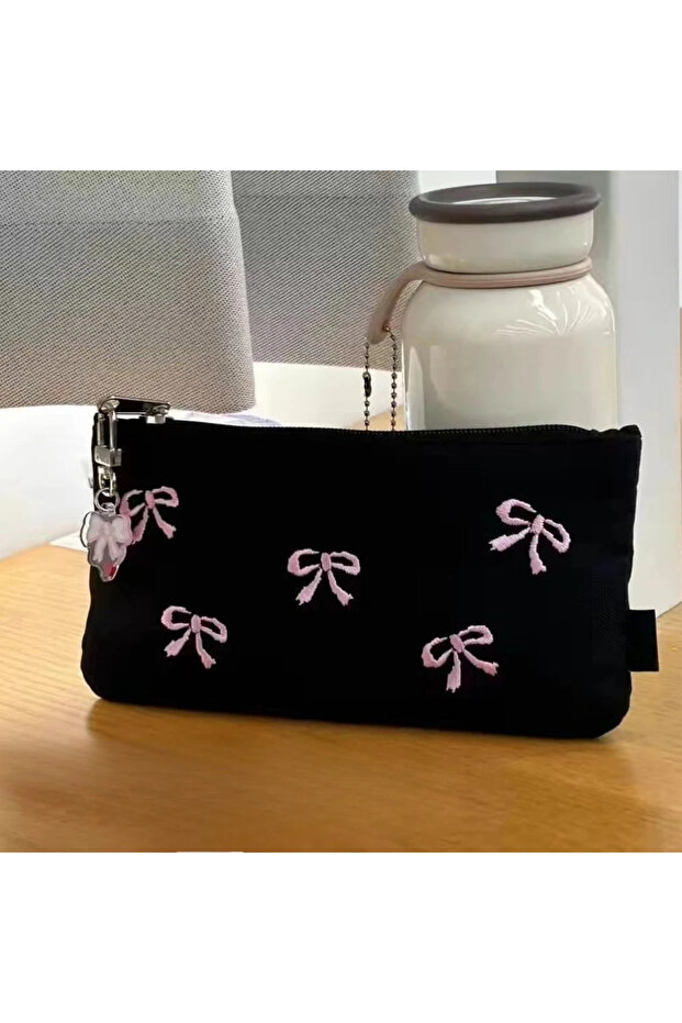 black Black bow embroidered pencil case,Outstanding in appearance、Simple ins Wind,Can be used as a m