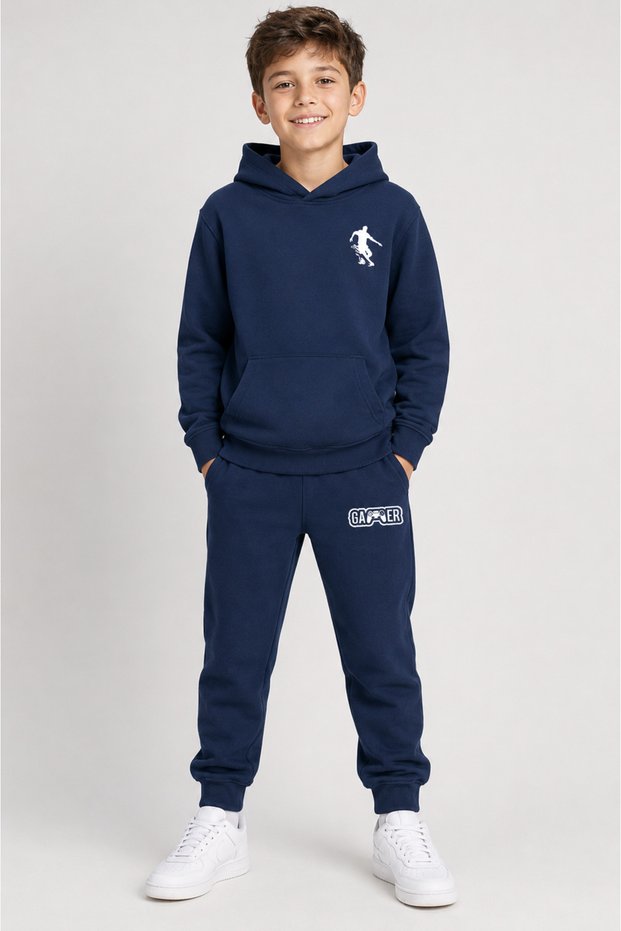 Hooded Futboll Gamer Printed Kangaroo Pocket 2 Yarn Seasonal Unisex Kids Tracksuit Set