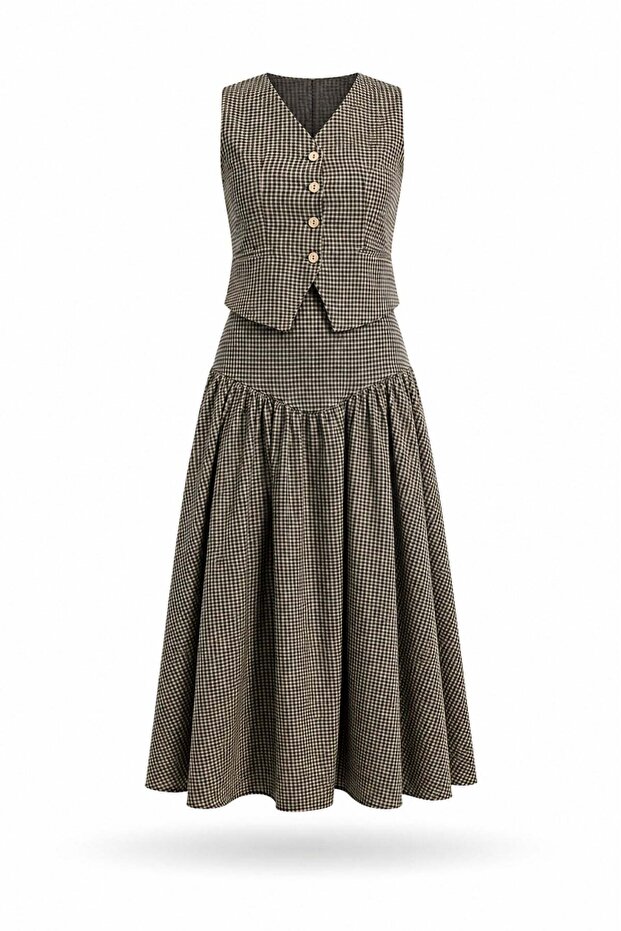 Green Gingham Pattern Vest Skirt Set 8411