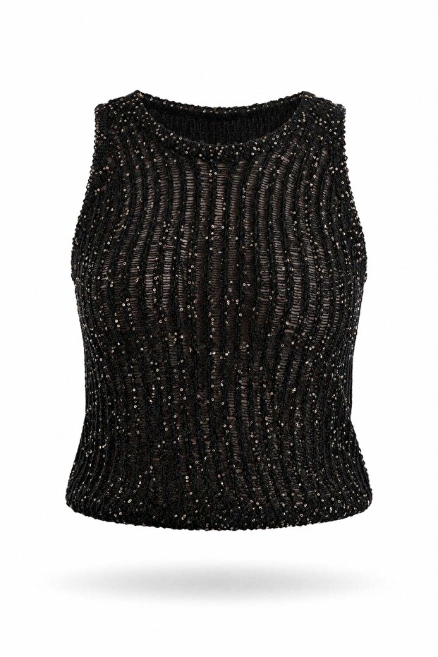Black Sequined Knitwear Blouse