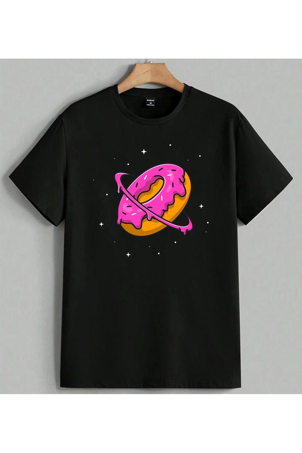 Pink Donot Space Planet Printed Unisex Oversize T-Shirt Black