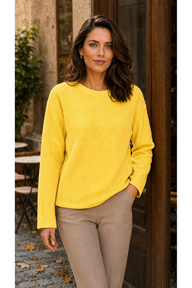 Women's Casual Stylish Solid Color Waffle Crew Neck Sweatshirt