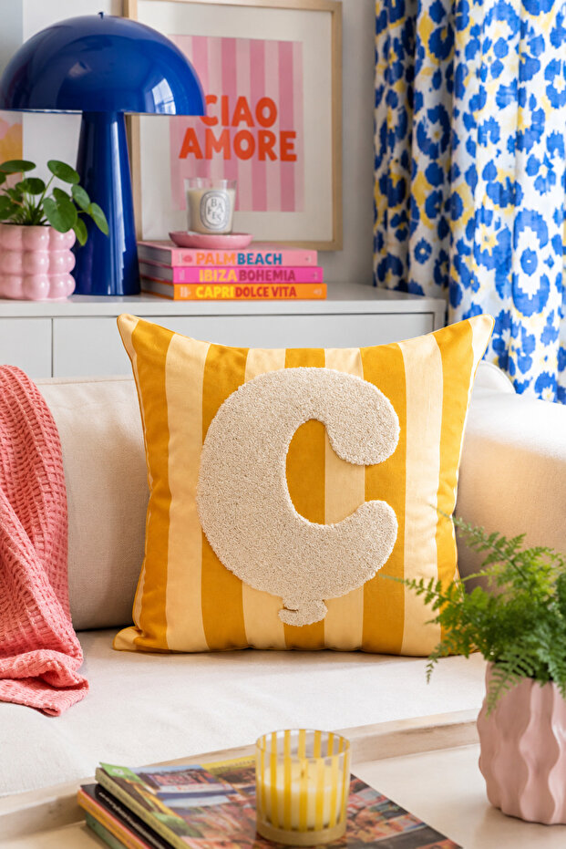 Punch Embroidered Throw Pillow Cover - 43*43 cm - Yellow Letter C - Pnk001