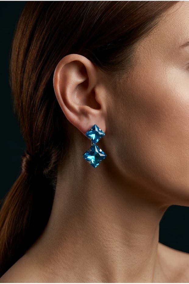Vertical Square Vintage Model Crystal Stone Turquoise Blue Color Earrings
