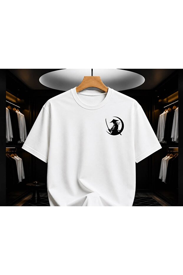 White Japanese Samurai Minimal Printed Unisex T-Shirt – Left Chest Samurai Graphic Design Casual Cotton T-Shirt