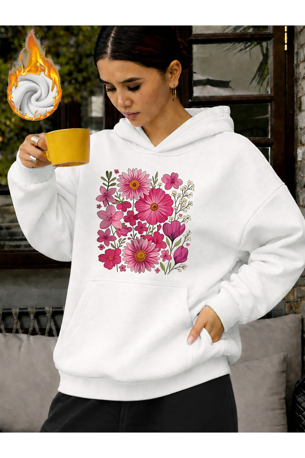 Unisex Floral Heart Printed Hooded Kangaroo Pocket Comfortable Fit Regular Cut Sweatshirt