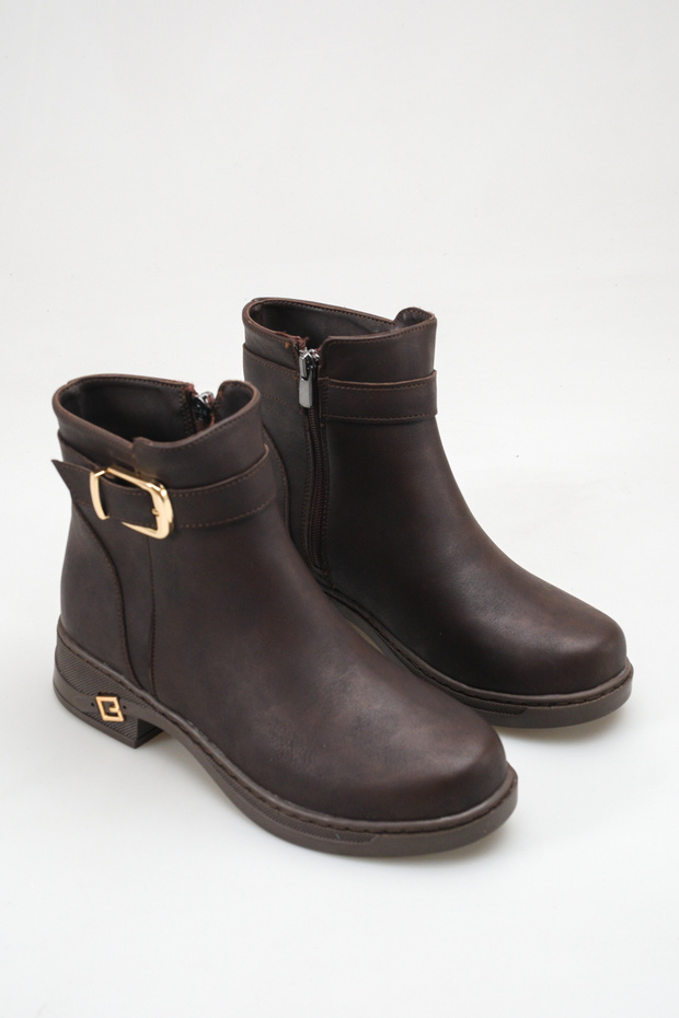 Women's Stylish Boots with Belt Detail, Side Buckle and Zipper, Brown