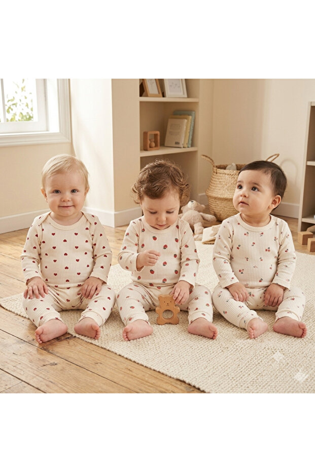 100% Cotton Baby 3-Piece Set Ribbed Cotton Patterned Long Sleeve Bodysuit and Bottom-Top Set (0-3, 3-6, 6-9 Months)