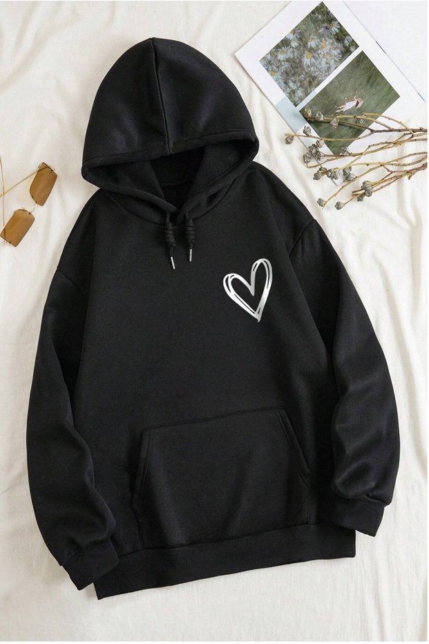 Women's Black Striped Heart Printed Hooded Hoodie Sweatshirt