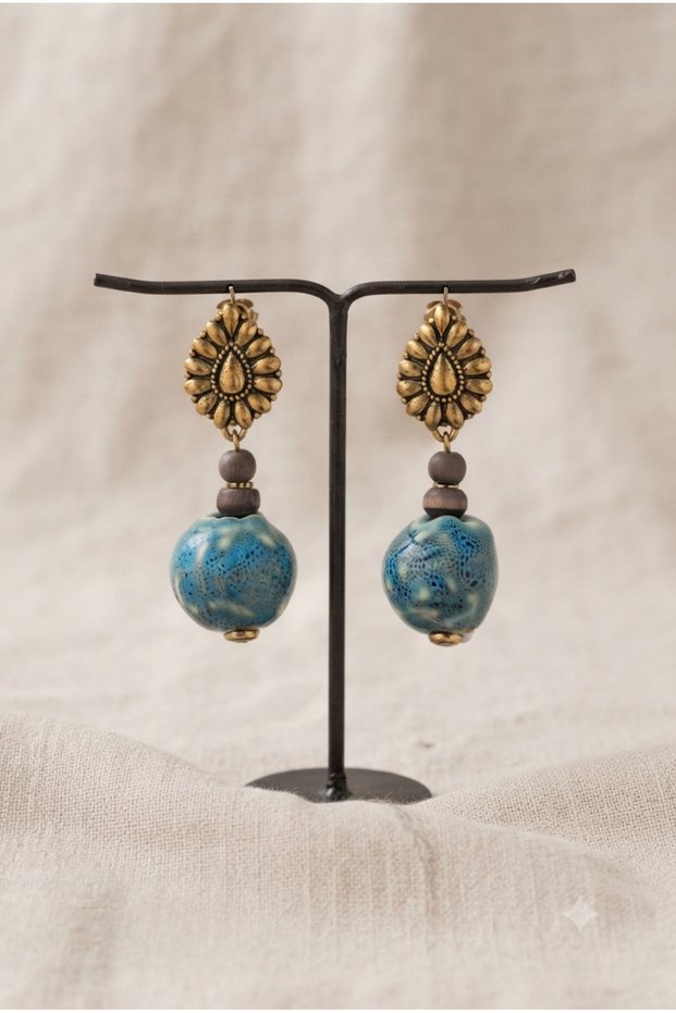 Handmade Turquoise Ceramic Earrings with Brass Fittings