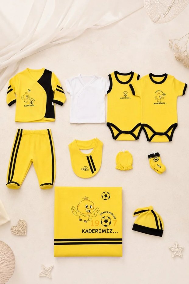 Baby Newborn Hospital Release 10 Piece Yellow Black Football Themed Blanket, Hat and Bodysuit Set