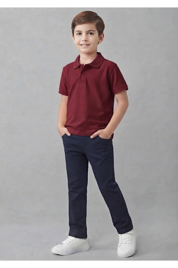 Unisex Kids 2-Piece Combination Short Sleeve Polo Collar T-Shirt-Navy Blue Ribbed Waist Elastic Canvas School Pants School Outfit