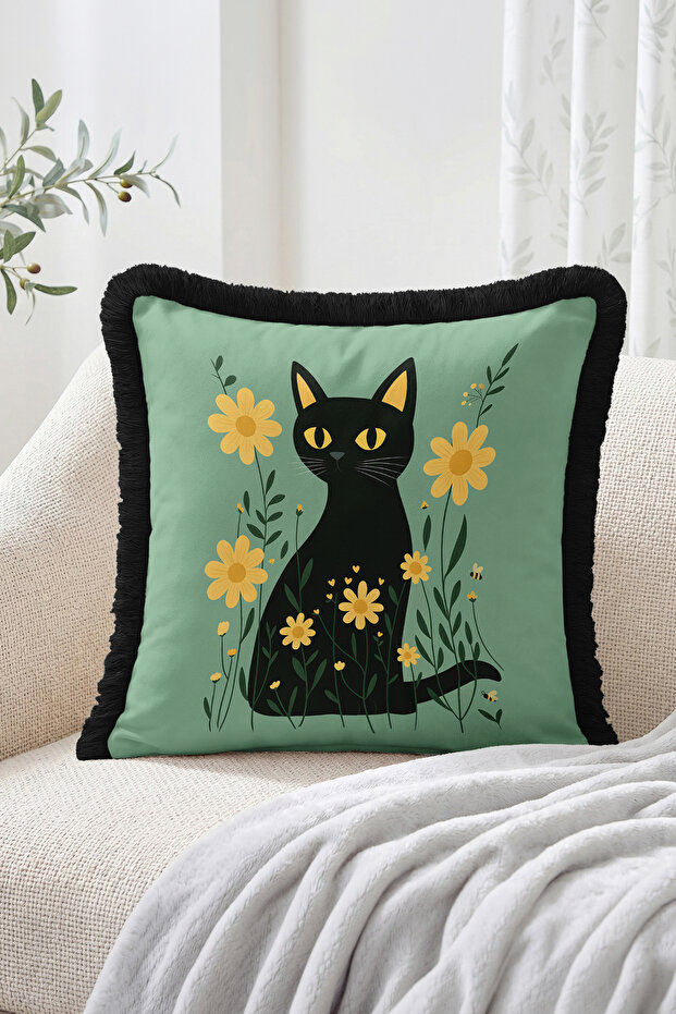 Fringed Throw Pillow Cover with Black Cat Figure and Yellow Flowers - Modern Tassel Pillowcase