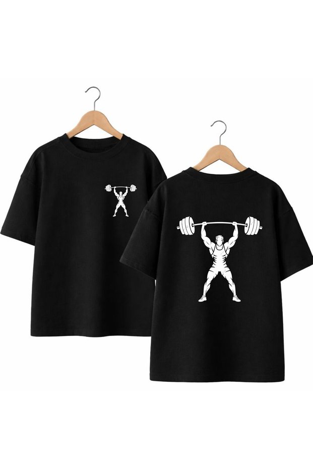 Halterci Shadow Back and Front Chest Printed 100% Cotton Oversize Loose Regular Fit Crew Neck T-Shirt