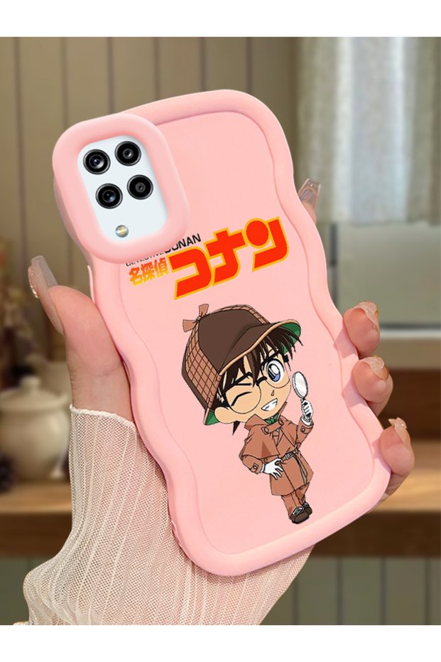 Samsung Galaxy A12 Compatible Case Camera Protector Pink Silicone Couple Phone Case Conan Pattern