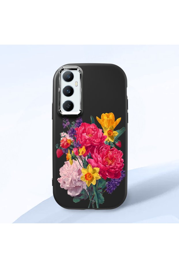 Realme C65 Compatible Case Camera Protector Black Silicone Couple Phone Case with Floral Pattern