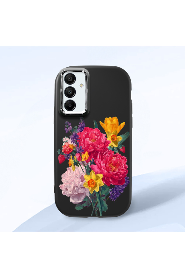 Samsung Galaxy A15 Compatible Case Camera Protector Black Silicone Couple Phone Case with Floral Pattern