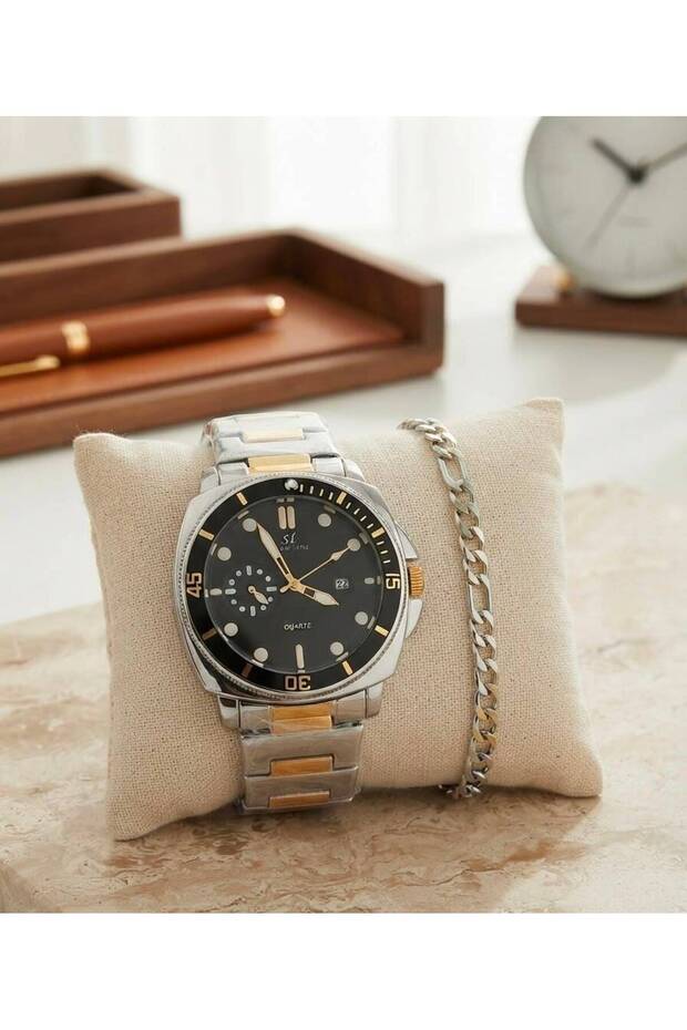 Men's Steel Wristwatch Green Dial Classic Stylish Analog Wrist Watch with Calendar Bracelet Gift Frn10