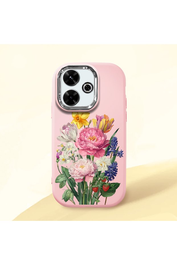 Redmi 13 Compatible Case Camera Protector Pink Silicone Couple Phone Case with Floral Pattern