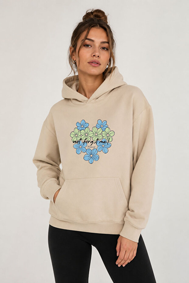 Heart Flower Printed Hooded 2 Thread Threaded Sweatshirt