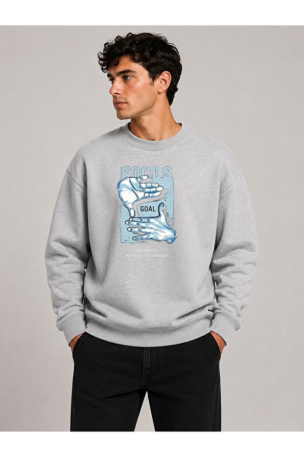 Focus Print Detailed Crew Neck 2 Thread Sweatshirt