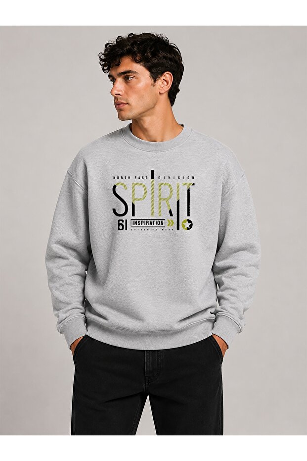 Spirit Print Detailed Crew Neck 2 Thread Sweatshirt