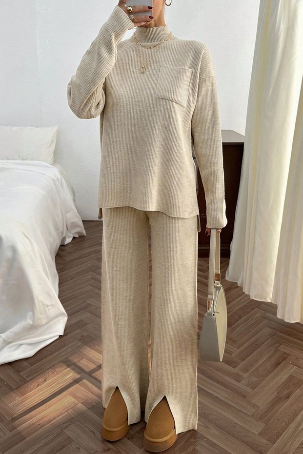 Women's Double Knitwear Set with Slit Legs and Pocket Detail