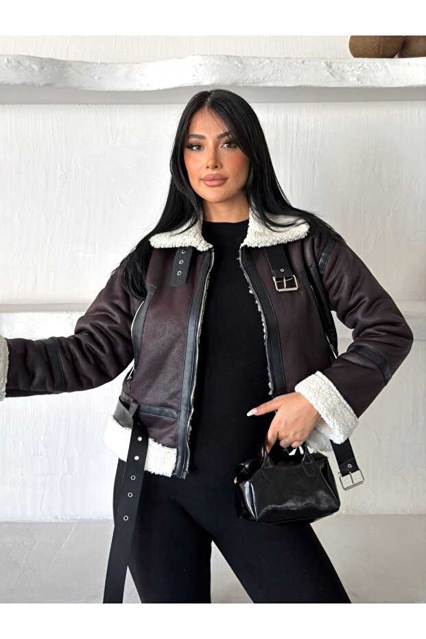 Trend Laminated Coat with Plush Leather Sleeves