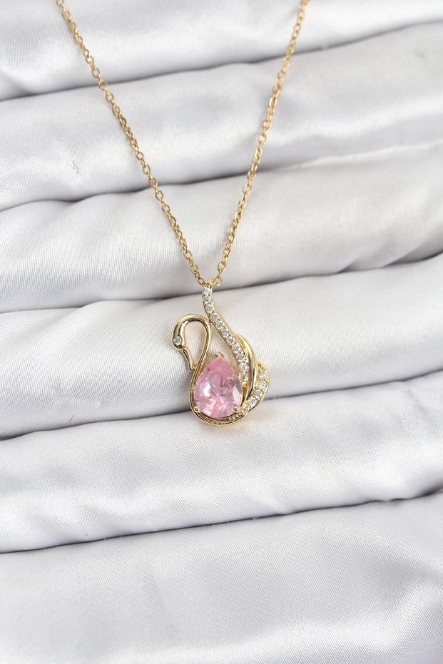 316L Steel Chain Gold Color Pink Swan Model Zircon Stone Women's Necklace